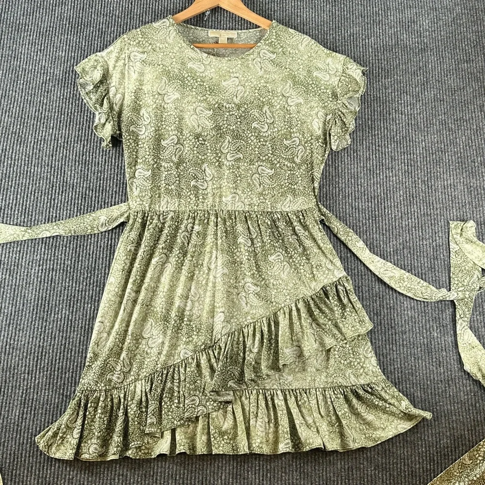 Michael Kors Womens Green Paisley Ruffle Hem Tie Waist Dress Size M Short Sleeve